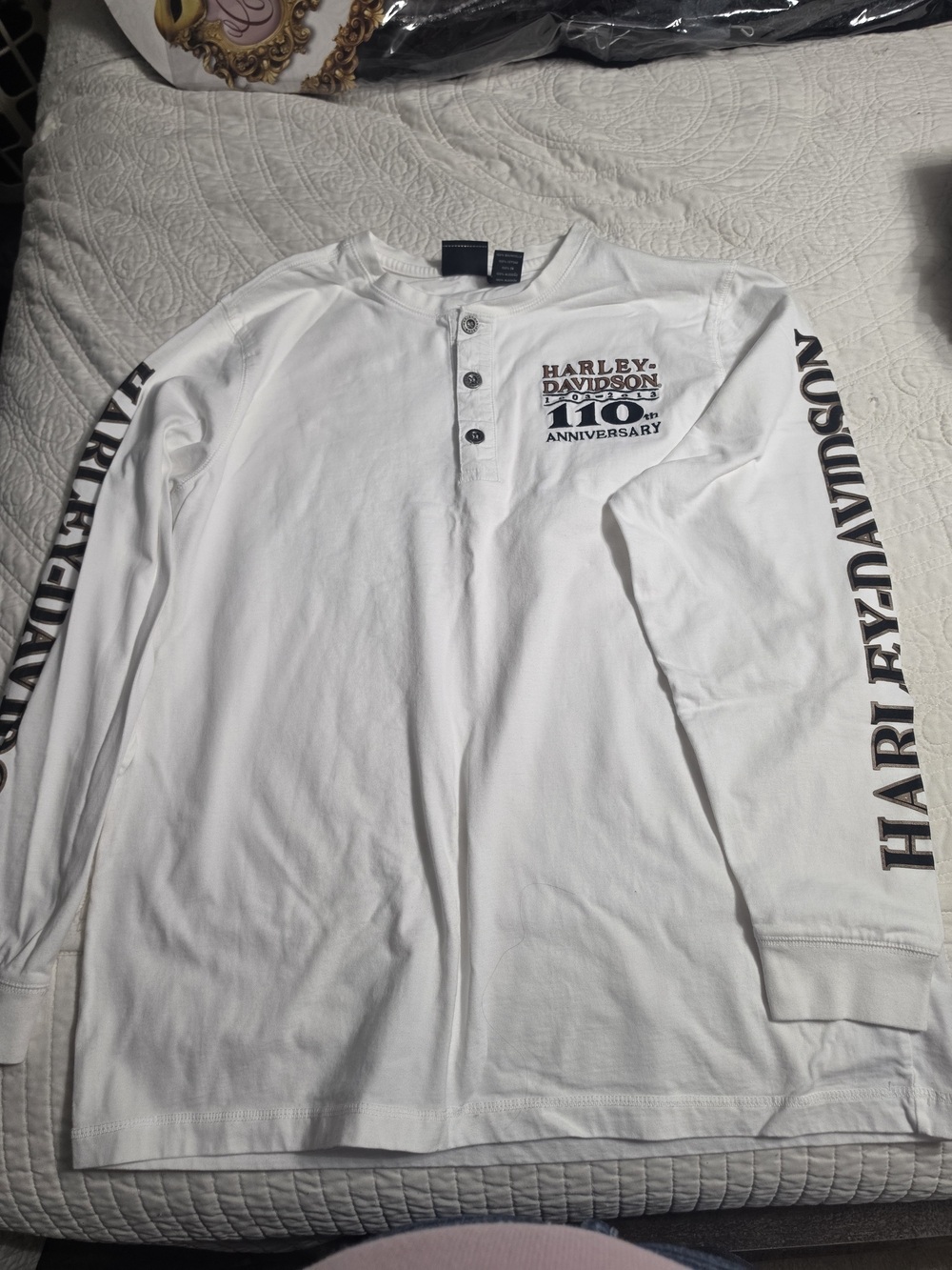 Harley-Davidson White Long-Sleeve Henley with Black Sleeve Logos